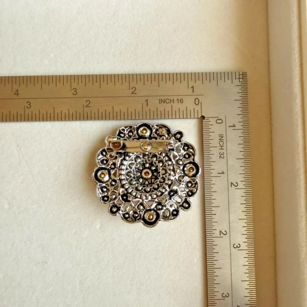 Vintage Style Baroque Brooch Red Rhinestone Antiqued Silver Tone Ornate Pin